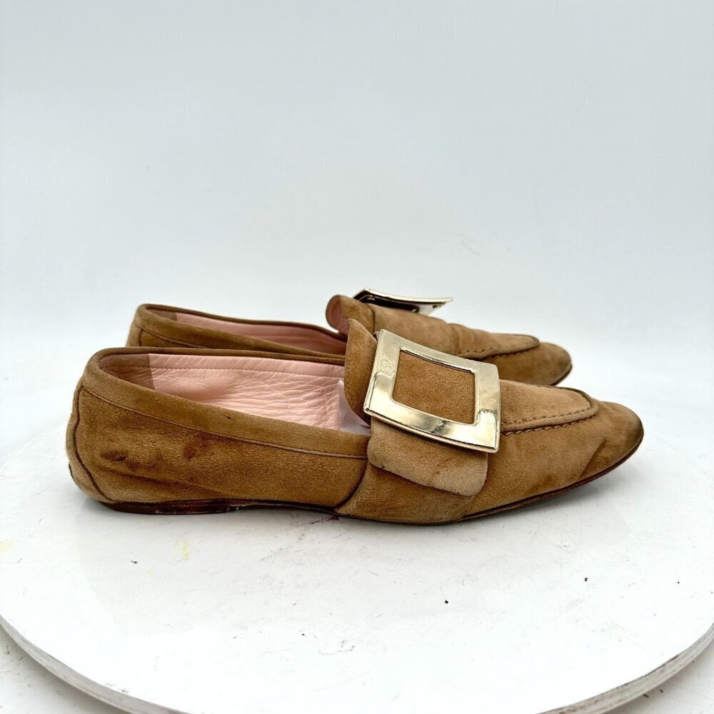 Roger Vivier Women Size EU 36 US 6 Brown Suede Gold Big Buckle Loafer Shoes